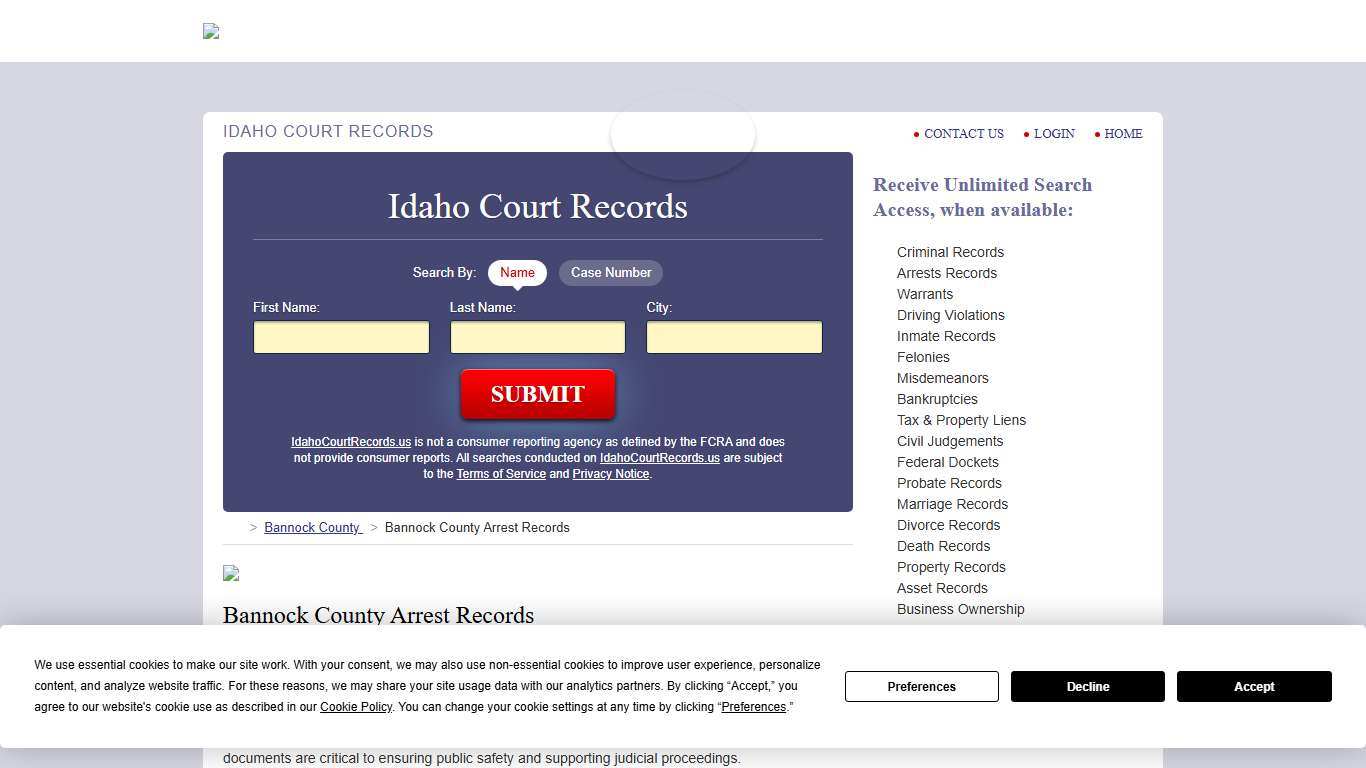 Bannock County Arrest Records IdahoCourtRecords.us